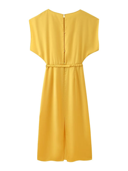 Autumn Women Clothing with Belt Silk Satin Texture Midi Dress for Women