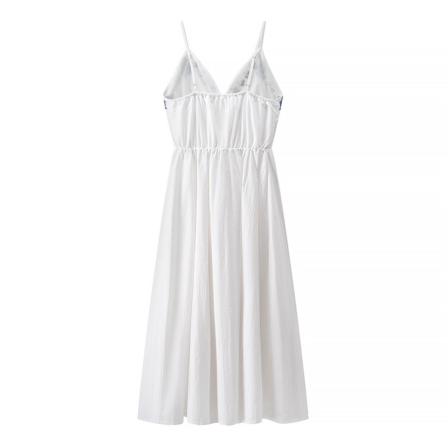 Women Clothing Fall Vacation Embroidered Strap Mid Length Dress