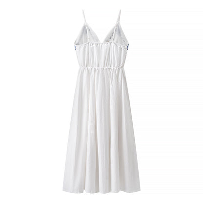 Women Clothing Fall Vacation Embroidered Strap Mid Length Dress