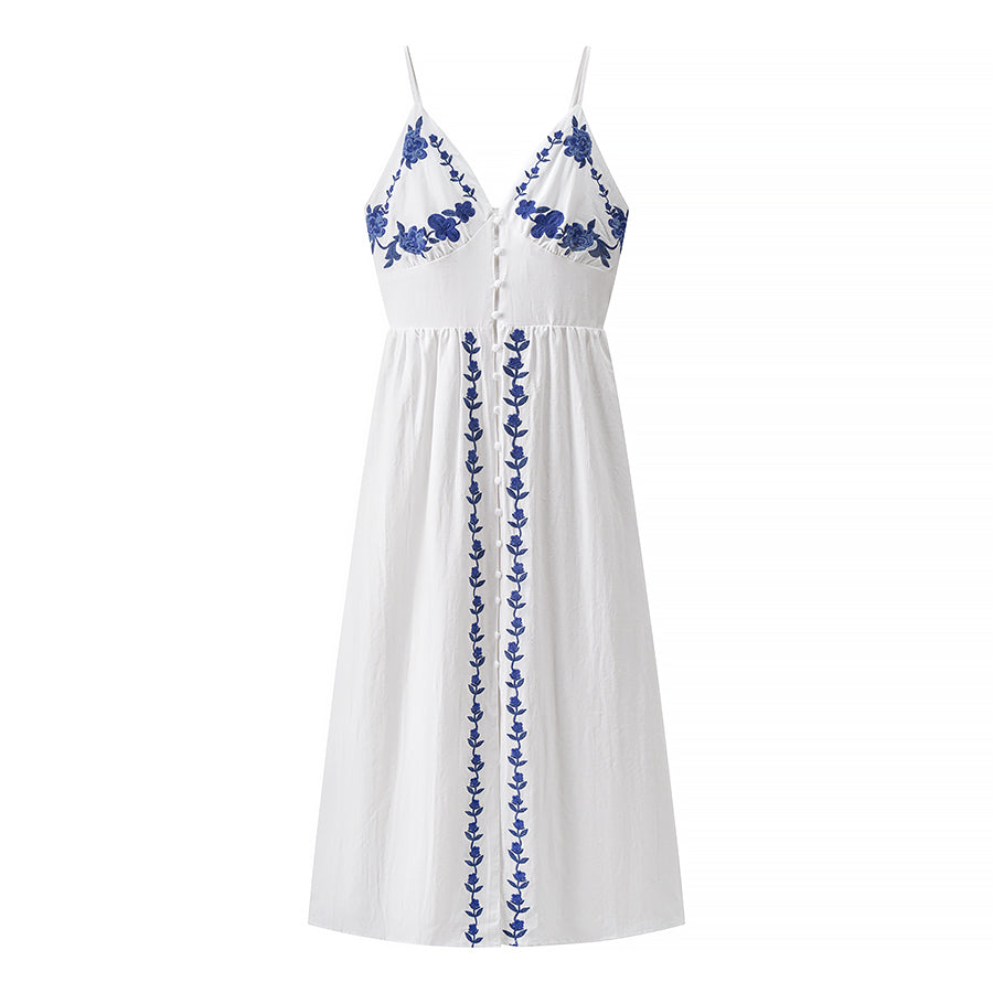 Women Clothing Fall Vacation Embroidered Strap Mid Length Dress