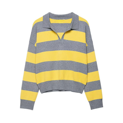 Fall Women Clothing Striped Polo Shirt Collar Sweater