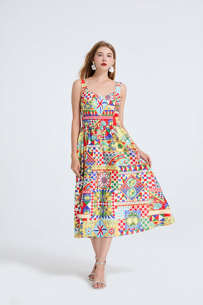 Women Printed Spaghetti Strap Dress With Elastic Back And High Waist