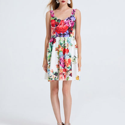 Women High Waisted Printed Halter Top Short Dress With Elastic Back Straps