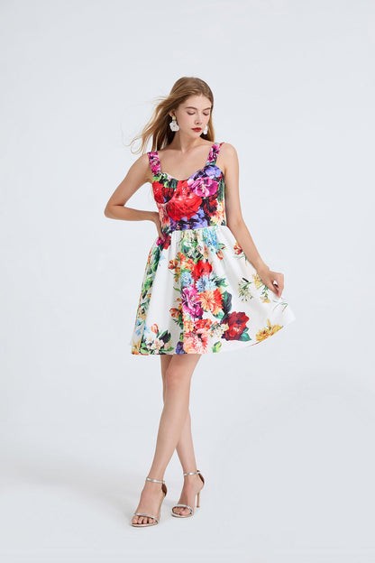Women High Waisted Printed Halter Top Short Dress With Elastic Back Straps