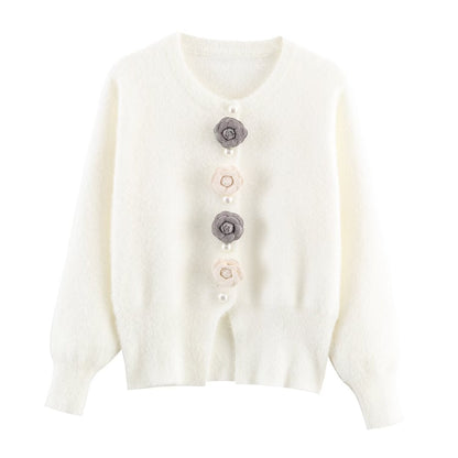 Women Clothing French Classic Chic Beaded Wool Three Dimensional Floral Knitted Imitation Mink Cardigan Coat