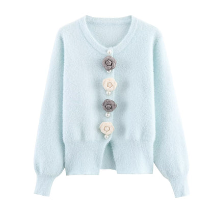 Women Clothing French Classic Chic Beaded Wool Three Dimensional Floral Knitted Imitation Mink Cardigan Coat