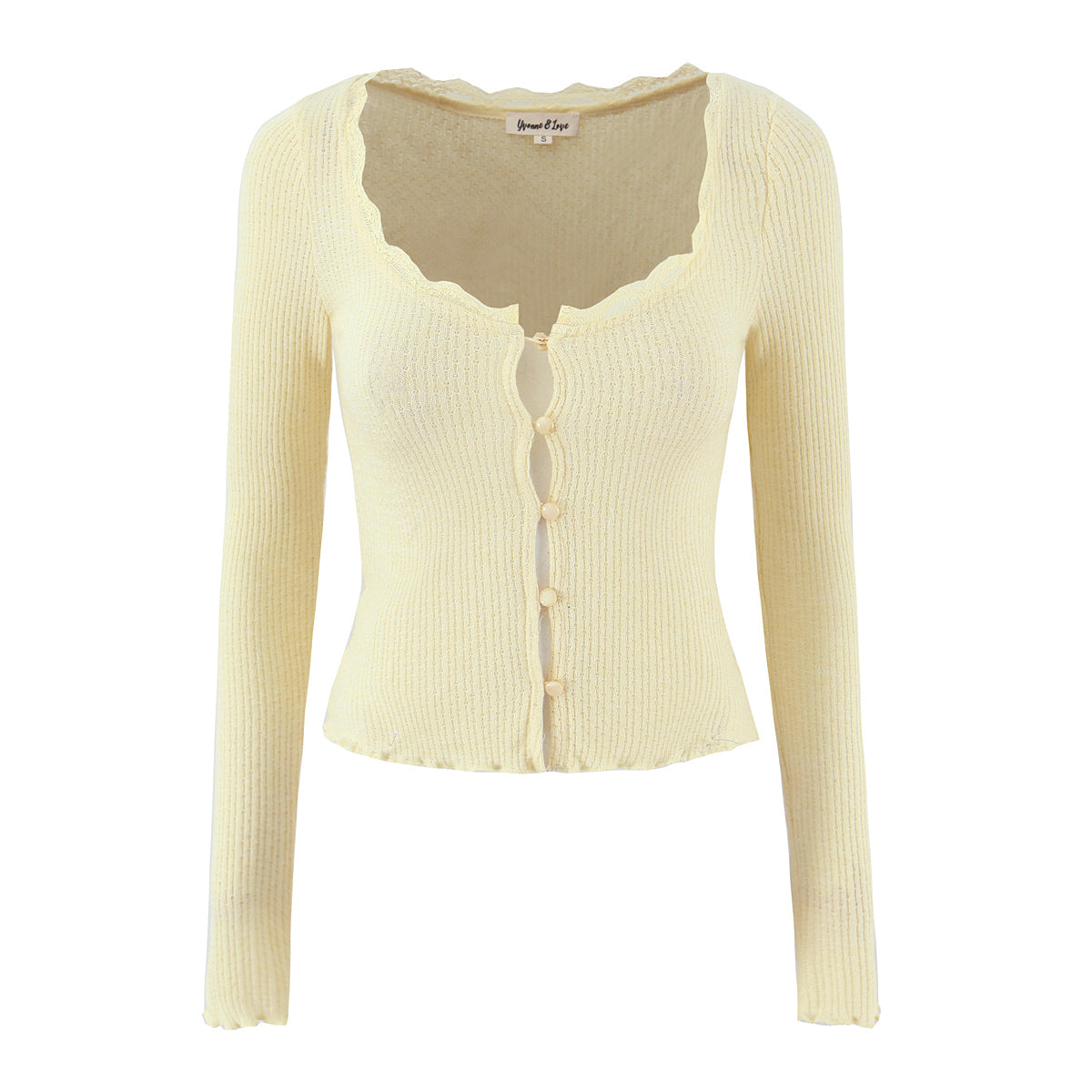 Women Clothing Spring Autumn Waist Light Yellow Lace Collar Knitted Cardigan