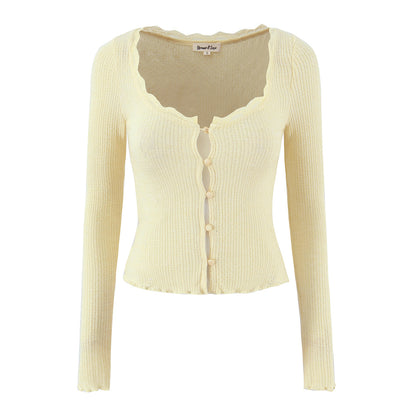 Women Clothing Spring Autumn Waist Light Yellow Lace Collar Knitted Cardigan