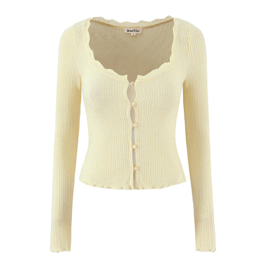 Women Clothing Spring Autumn Waist Light Yellow Lace Collar Knitted Cardigan