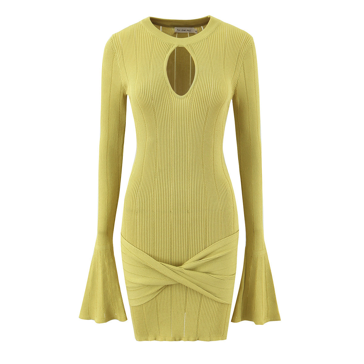 Women Clothing Summer Hollow Out Cutout Slim Sheath Flare Sleeve Knitted Long Sleeved Dress