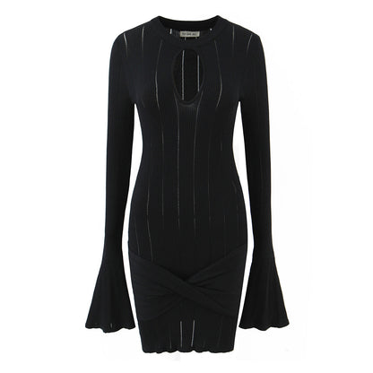 Women Clothing Summer Hollow Out Cutout Slim Sheath Flare Sleeve Knitted Long Sleeved Dress
