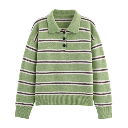 Fall Women Clothing Half Cardigan Button Pullover Polo Collar Stripes Knitted Sweater Top