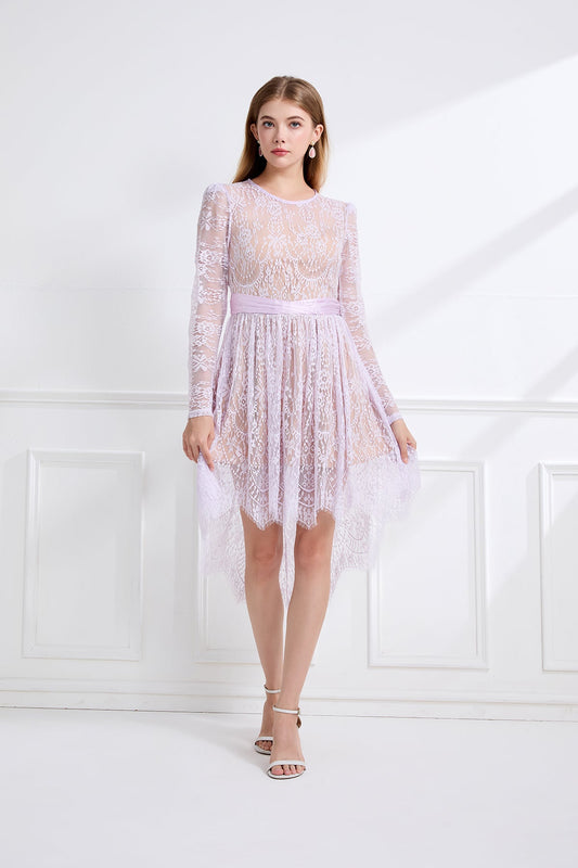 Women Lace Patchwork Pleated Waist Round Neck Long Sleeve Dress With A Shorter Front And Longer Back Design