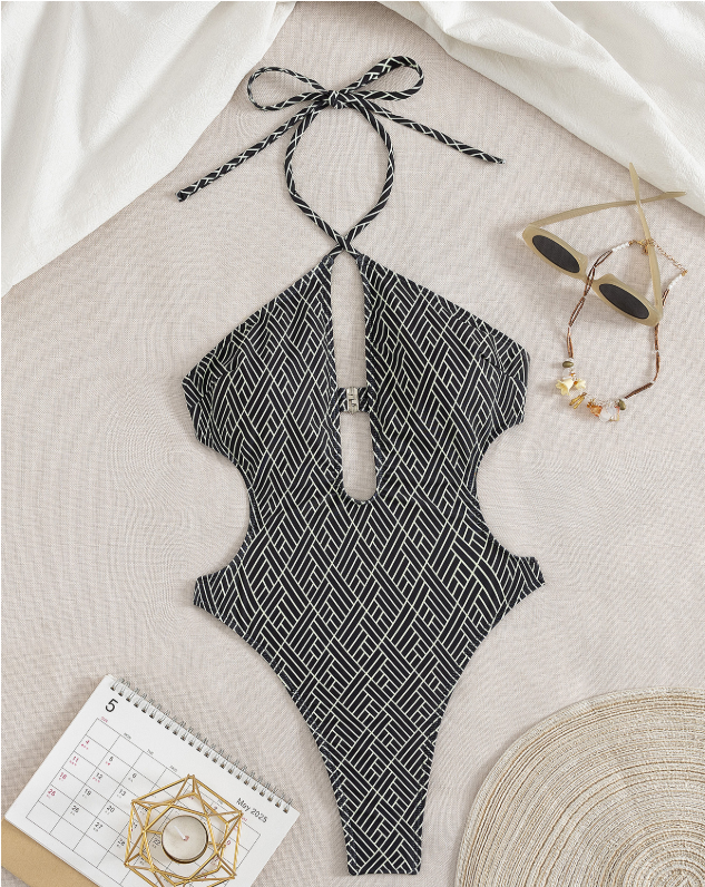One Piece Swimsuit Women Sexy Backless Halter Plaid Solid Color One Piece Swimsuit