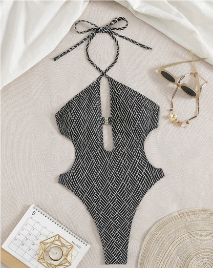 One Piece Swimsuit Women Sexy Backless Halter Plaid Solid Color One Piece Swimsuit