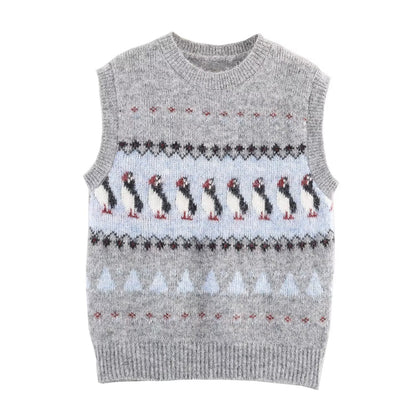 Women Clothing Autumn Korean Outerwear Bandage Floral Decorations round Neck Knitted Vest Top
