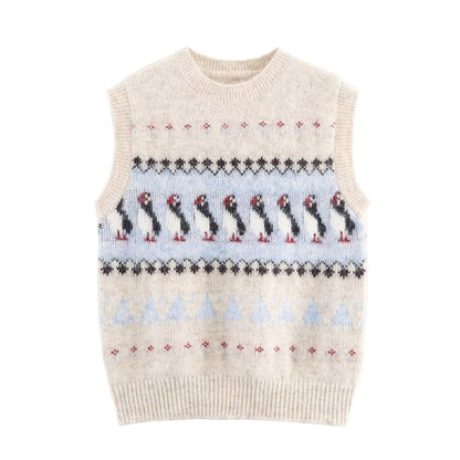 Women Clothing Autumn Korean Outerwear Bandage Floral Decorations round Neck Knitted Vest Top