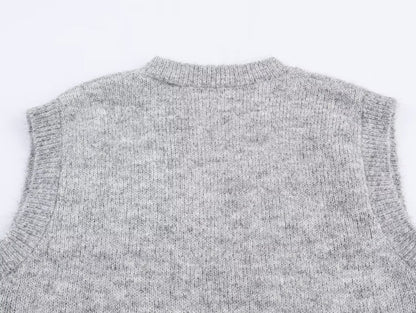 Women Clothing Autumn Korean Outerwear Bandage Floral Decorations round Neck Knitted Vest Top