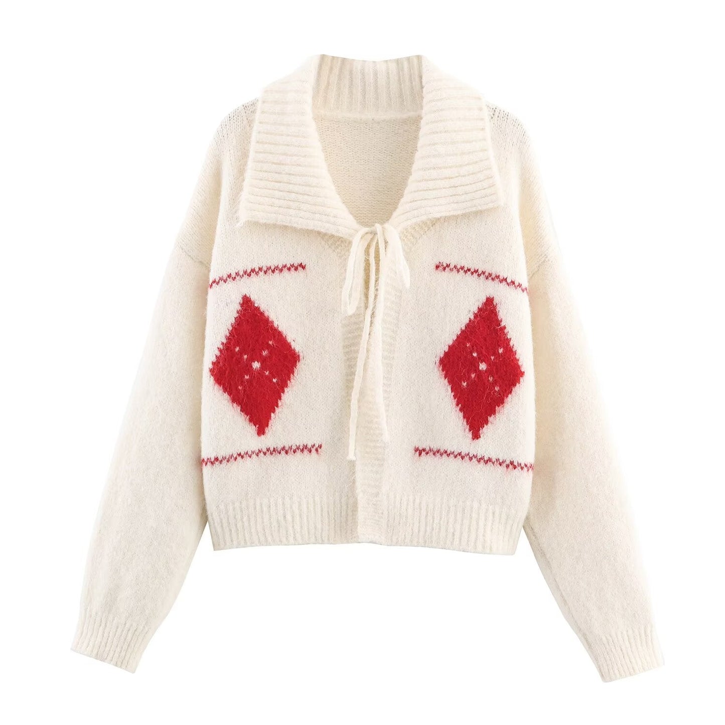 Idle Retro Lapels Jacquard Lace up Knitted Cardigan Autumn Loose Slimming Sweater Coat for Women