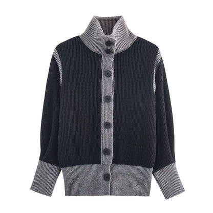 Autumn Women Casual Loose All Matching Color Stitching Knitted Cardigan