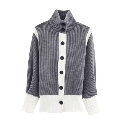 Autumn Women Casual Loose All Matching Color Stitching Knitted Cardigan