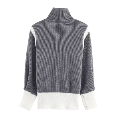 Autumn Women Casual Loose All Matching Color Stitching Knitted Cardigan