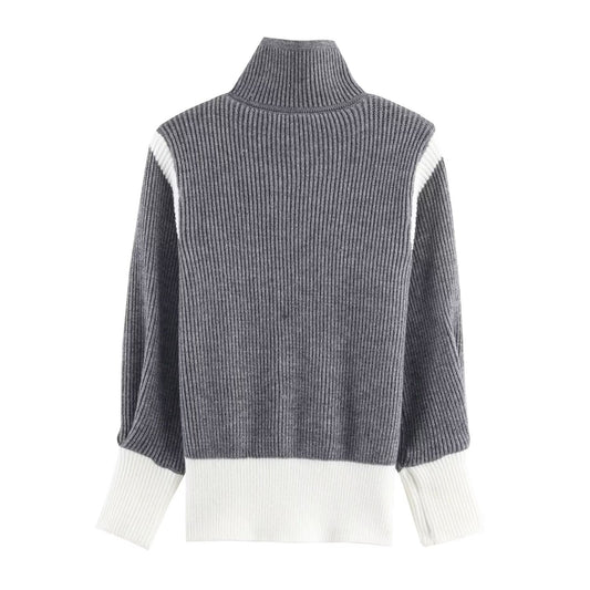 Autumn Women Casual Loose All Matching Color Stitching Knitted Cardigan