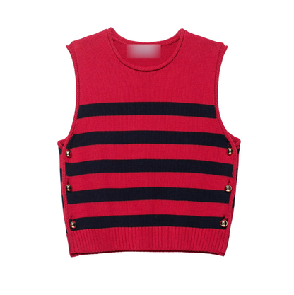 Women Autumn Thick Needle Vest Bandage Dress Button round Neck Sleeveless Waistcoat Knitted Striped Vest