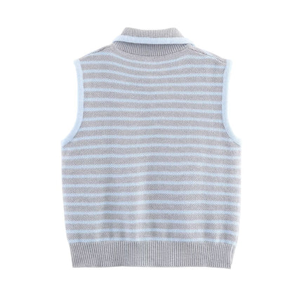Women Clothing Fall Fresh Age Reducing Stripe Decoration Collared Short Vest