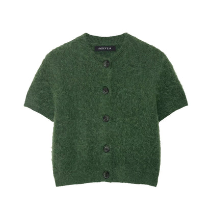 Early Autumn Women Clothing Office round Neck Short Sleeves Single Breasted Knitwear