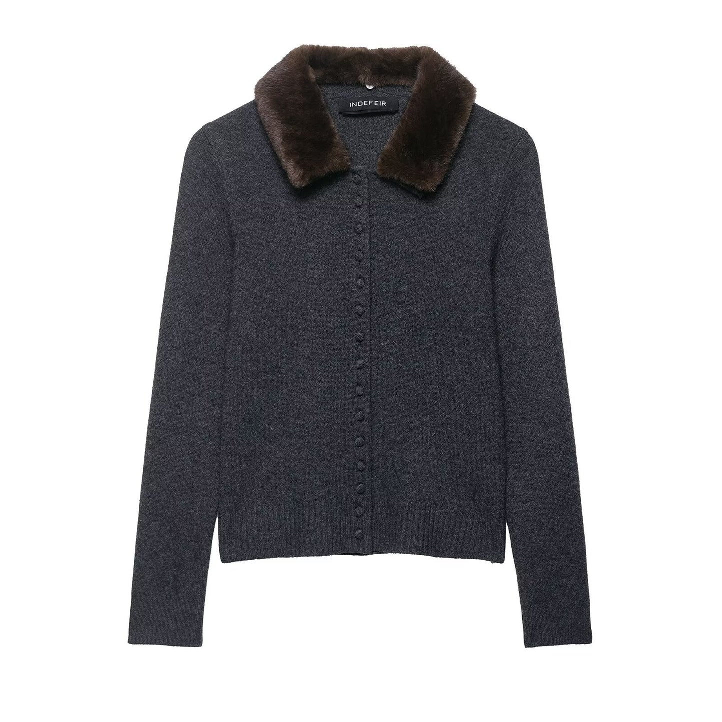 Fall Women Clothing Artificial Fur Effect Collared Knitted Coat