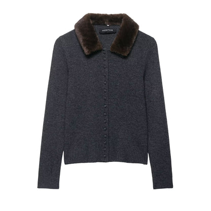 Fall Women Clothing Artificial Fur Effect Collared Knitted Coat