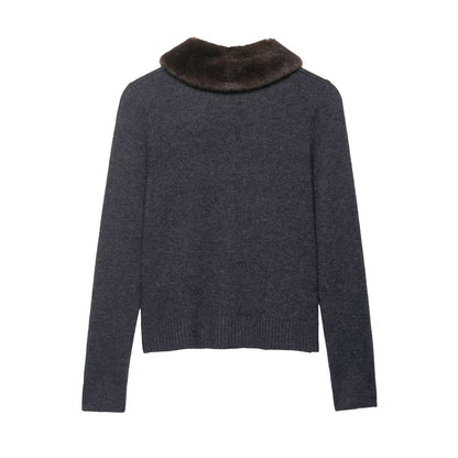 Fall Women Clothing Artificial Fur Effect Collared Knitted Coat