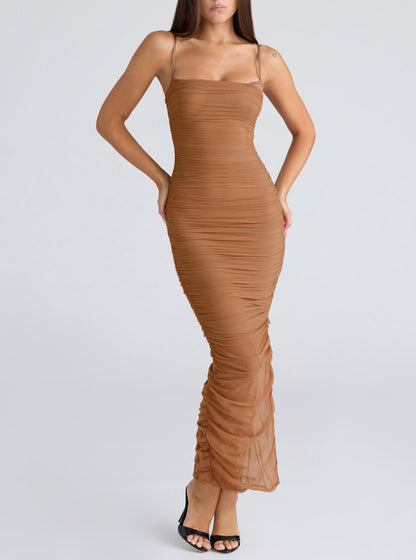 Sexy Stretch Mesh Ruched Maxi Dress Dress Tight Waist Slim Fit Sheath Cami Dress
