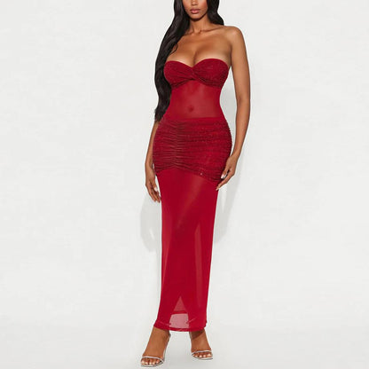 Tube Top Milk Silk Stitching Mesh Drilling Party Hip Wrapped Long Dress