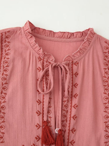 Women Clothing Long Sleeve Contrast Color Embroidered Shirt