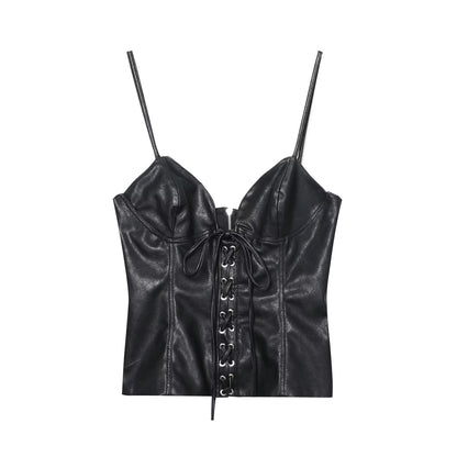 Women Clothing Best Casual Faux Leather Bow Suspenders Top