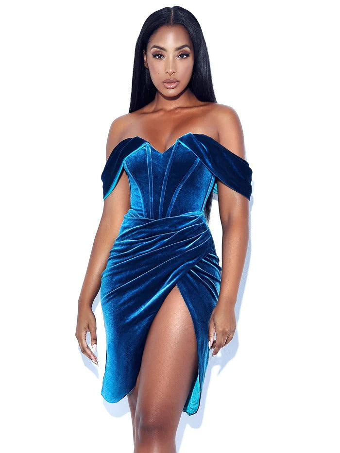 Off Shoulder Korean Velvet Boning Corset Dress Split Evening Dress Women Sexy