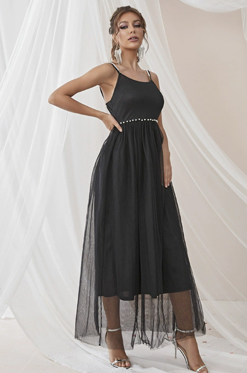 Black Dress Sexy A line Slip Dress Mesh Stitching Sleeveless Dress Slimming