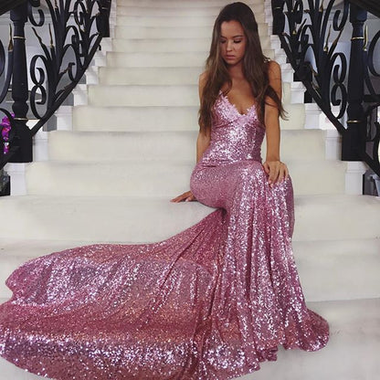 Spring Summer Women Clothing Maxi Dress Sleeveless Strap Dress V neck Sequ Backless Evening Dress