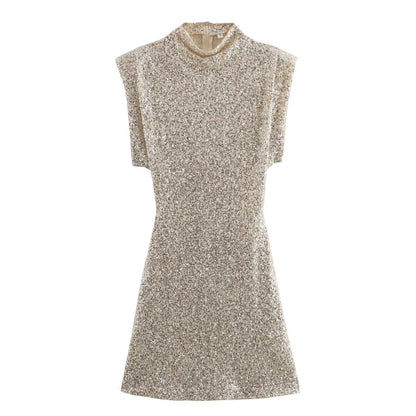 Summer Sweet Fresh Elegant Vacation Padded Shoulder Sequ Dress