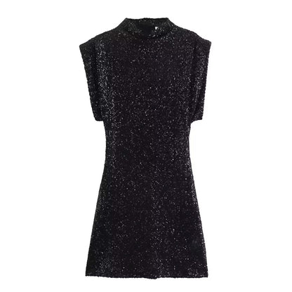 Summer Sweet Fresh Elegant Vacation Padded Shoulder Sequ Dress