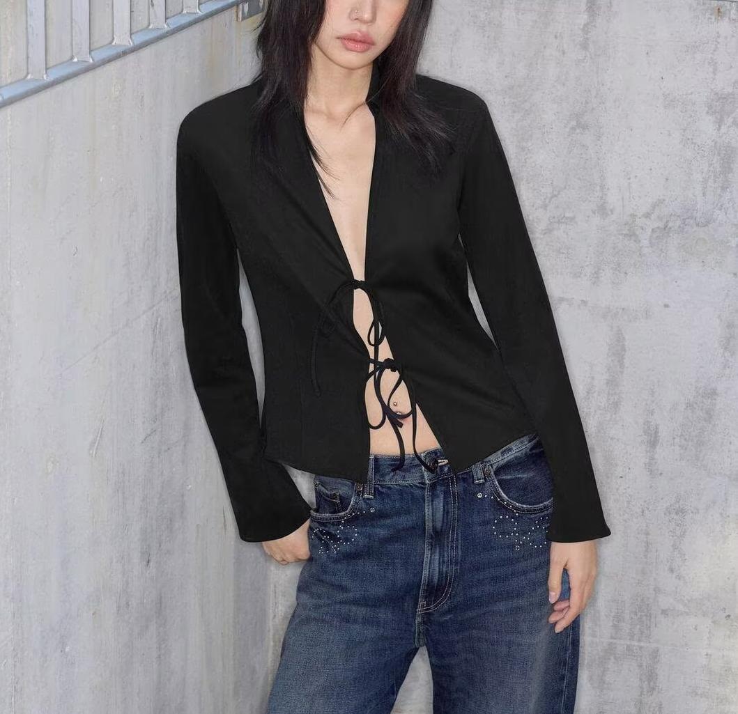 Women Clothing Winter Graceful Fashionable Suede Effect Long Sleeve Lace up Shirt