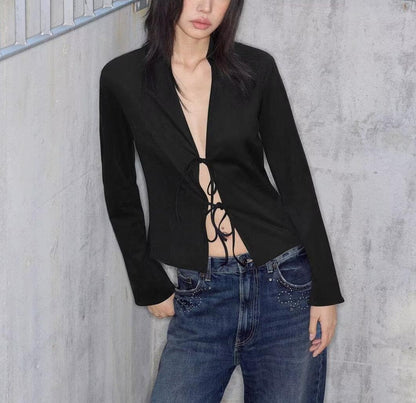 Women Clothing Winter Graceful Fashionable Suede Effect Long Sleeve Lace up Shirt