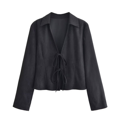 Women Clothing Winter Graceful Fashionable Suede Effect Long Sleeve Lace up Shirt