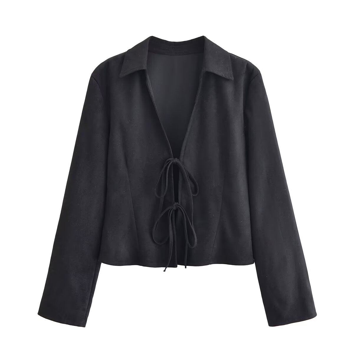 Women Clothing Winter Graceful Fashionable Suede Effect Long Sleeve Lace up Shirt