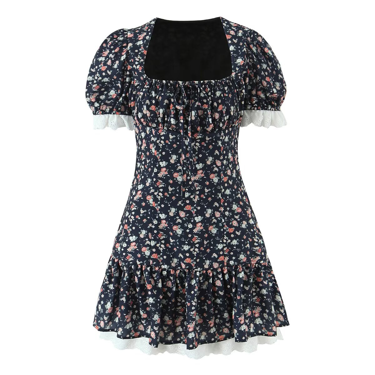 Autumn Gentle Sweet Floral Lace Stitching Printing Dress Tight Waist Puff Sleeve Super Fairy Princess Dress