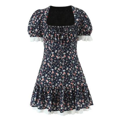 Autumn Gentle Sweet Floral Lace Stitching Printing Dress Tight Waist Puff Sleeve Super Fairy Princess Dress