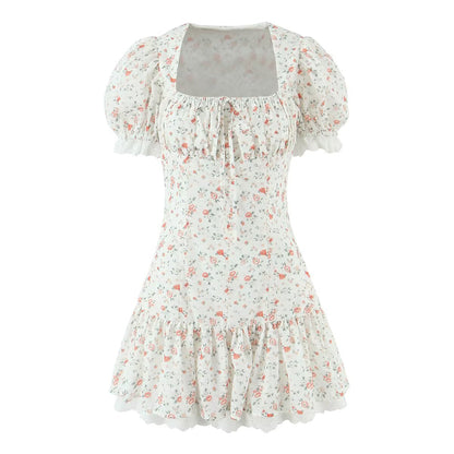 Autumn Gentle Sweet Floral Lace Stitching Printing Dress Tight Waist Puff Sleeve Super Fairy Princess Dress