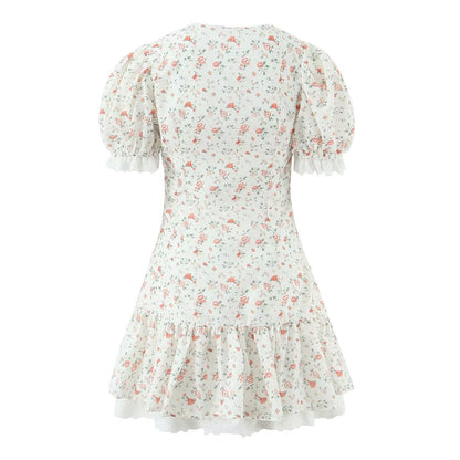Autumn Gentle Sweet Floral Lace Stitching Printing Dress Tight Waist Puff Sleeve Super Fairy Princess Dress